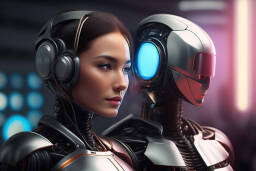 a-woman-and-a-robot-with-a-headphones-on